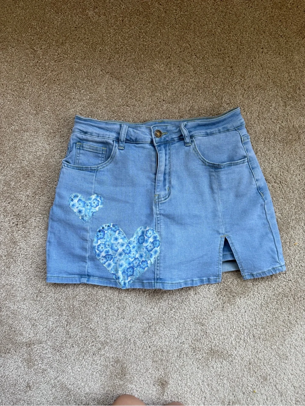 Blue Floral Heart Denim Mini Skirt - Casual‎ Women's Skirt